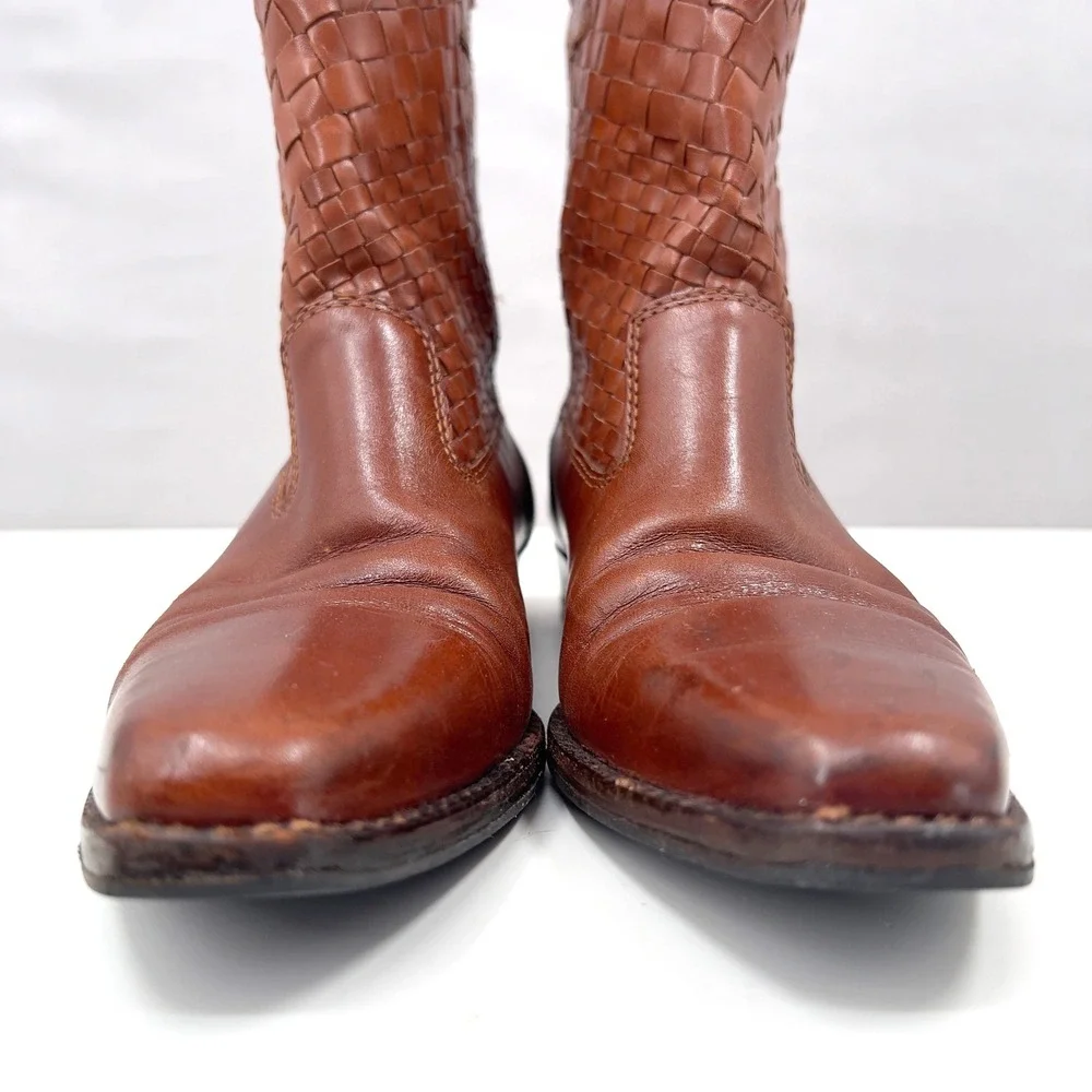 Vintage 90s Womens Woven Leather Ankle Boot Cognac Brown Coastal Cowgirl 8